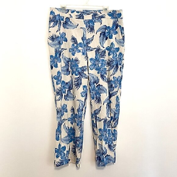 DRAPER'S DAMON'S Look Of Linen Print Crop Pants Cream Beige Blue Tropical Floral - Picture 2 of 11